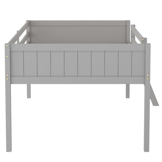Gray Full Size Wood Low Loft Bed with Convertible Ladder, Solid Pine Wood+MDF, 79.5L x 57W x 44H inches