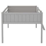 Gray Full Size Wood Low Loft Bed with Convertible Ladder, Solid Pine Wood+MDF, 79.5L x 57W x 44H inches