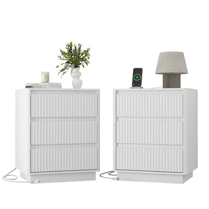(Set of 2)End Table with Fast USB C Charging Station, Sofa Side Table with 3Drawers, Large Storage Modern Wood Storage Cabinet for Living Room,Bedroom,Office, White