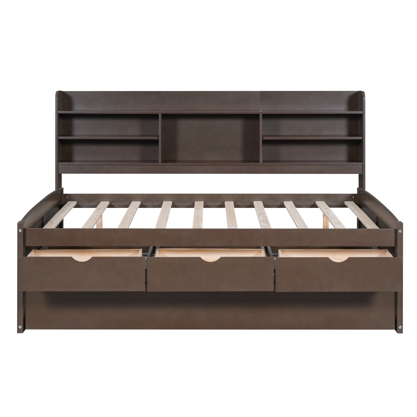 Antique Brown Full Size Wooden Captain Bed with Built-in Bookshelves, 3 Storage Drawers, and Trundle - Solid Pine Wood + MDF