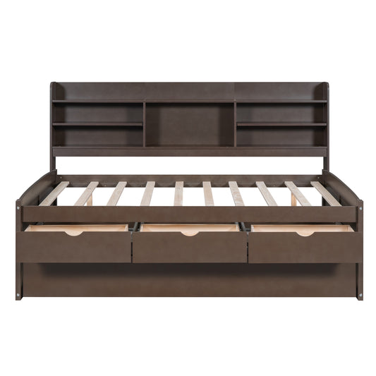 Antique Brown Full Size Wooden Captain Bed with Built-in Bookshelves, 3 Storage Drawers, and Trundle - Solid Pine Wood + MDF