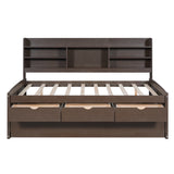 Antique Brown Full Size Wooden Captain Bed with Built-in Bookshelves, 3 Storage Drawers, and Trundle - Solid Pine Wood + MDF