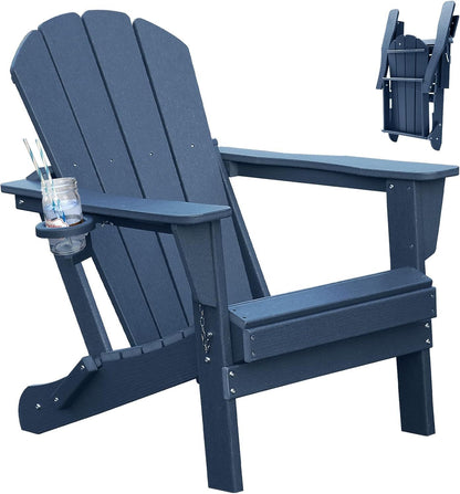Adirondack Chair, Plastic Adirondack Chairs, HDPE Adirondack Chair, Folding Adirondack Chairs,Outdoor Chairs with Cup Holder for Lawn Patio Deck Fire Pit -Dark Blue