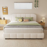 Queen Size Platform Bed with Boucle Fabric, Soft Boucle Fabric Upholstered Platform bed with Curve-Shaped Design Headboard, Beige, Easy Assembly