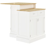 Kitchen Island with Storage Cabinet and 2-Level Rubber Wood Tabletop, Island Table with Adjustable Shelves and Drawers, White