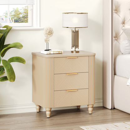 Mid-Century Fluted 3 Drawers Nightstand, Bedside Table with Curved Profile Design and Wide Gold Glossy Handles, End Table for Living Room, Bedroom, Easy Assembly, Champagne