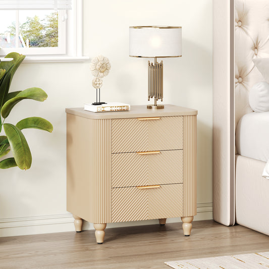 Mid-Century Fluted 3 Drawers Nightstand, Bedside Table with Curved Profile Design and Wide Gold Glossy Handles, End Table for Living Room, Bedroom, Easy Assembly, Champagne