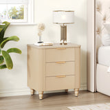 Mid-Century Fluted 3 Drawers Nightstand, Bedside Table with Curved Profile Design and Wide Gold Glossy Handles, End Table for Living Room, Bedroom, Easy Assembly, Champagne