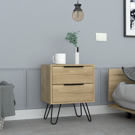 Nightstand 22' H, Four hairpin legs, Two Drawers, Light Oak
