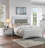 Sleek Modern Silver Tufted Faux Leather Queen Size Bed 2x Nightstands LED 3pc Set Panel Bedframe Bedroom