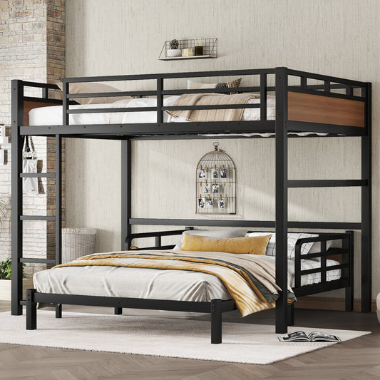 Full over Full Metal Bunk Bed/Metal Loft Bed,Separable Bunk Beds,with raised security fence,Walnut Color