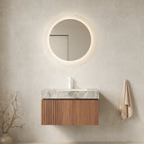 MURI 30' Bathroom Vanity&Sink, Floating Plywood Storage Cabinet with Drawer&Door, Light Gray Sintered Stone Top&Ceramic Basin with 1 Pre-drilled Faucet Hole, Pre-assembled, Brown Oak Woodgrain