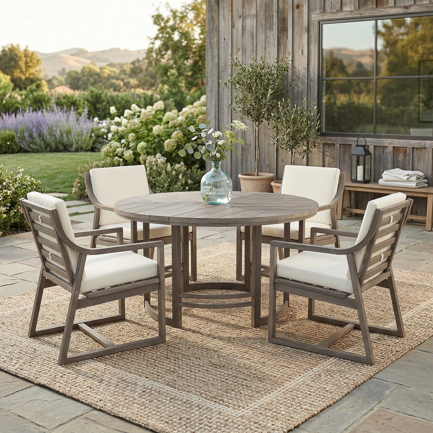 Outdoor Dining Set 5-Piece Outdoor Dining Set Patio Table And Chairs Set with Umbrella Hole for Patio, Backyard, Garden, Black Brown Wood +Beige Cushion
