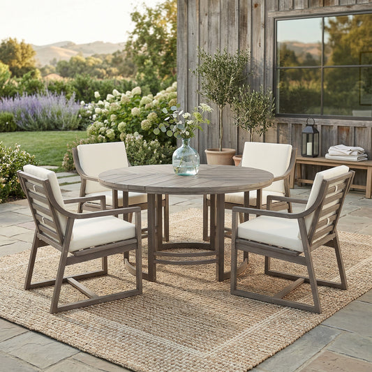 Outdoor Dining Set 5-Piece Outdoor Dining Set Patio Table And Chairs Set with Umbrella Hole for Patio, Backyard, Garden, Black Brown Wood +Beige Cushion