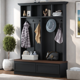 Farmhouse 4-in-1 Hall Tree with Wood Grain Bench, Mudroom Versatile Coat Rack with 2 Large Drawer, Entrance Organizer for Hallway, Living Room, Black, 55.9'W (OLD SKU: N721P313099B)