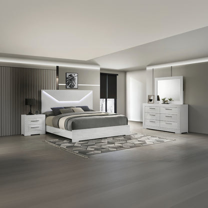 Blanca Modern Style 4 Pc Queen Bedroom Set with LED Headboard Made with Wood in White