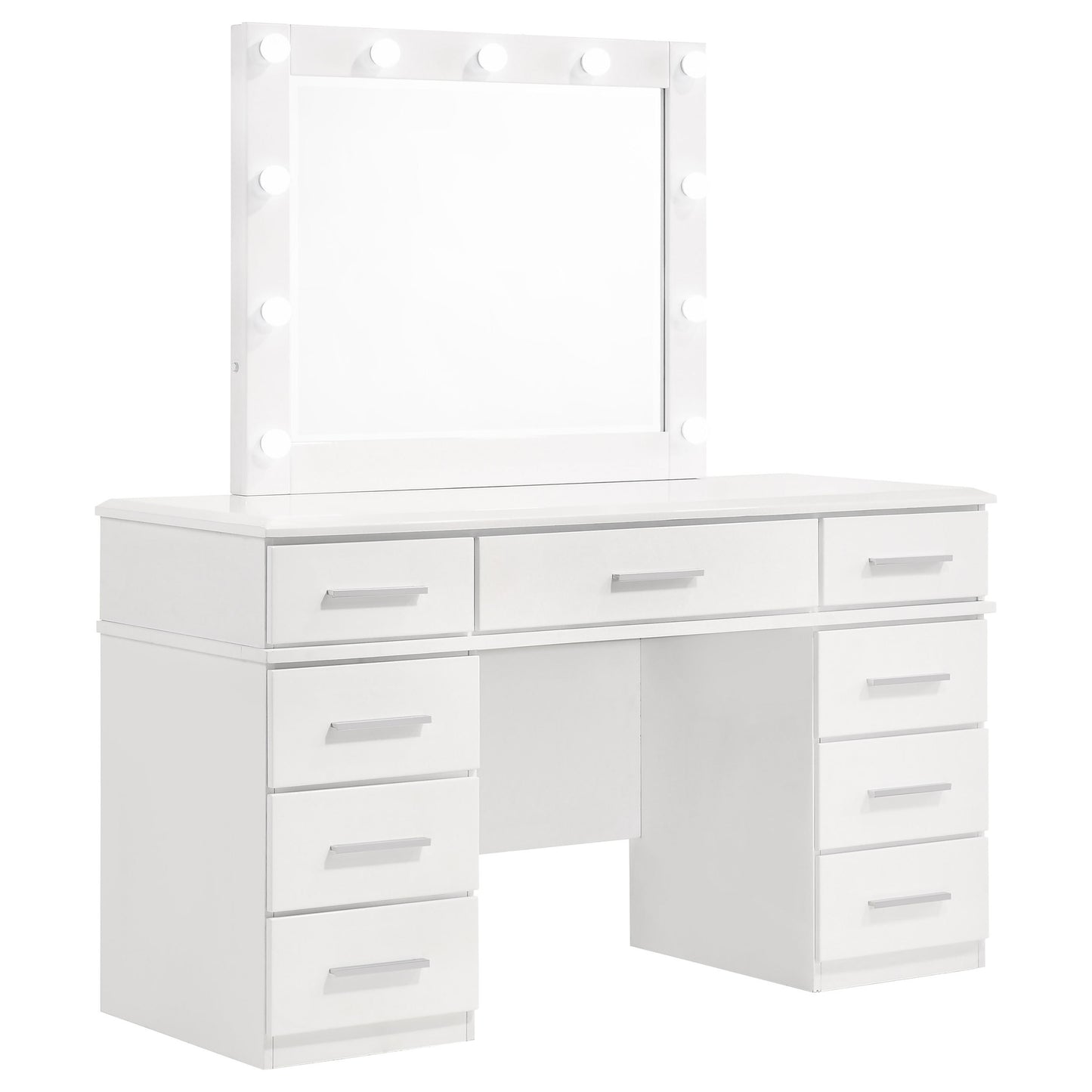 Sarah Glossy White 9-Drawer Vanity Desk with Mirror Set in White High Gloss Finish, Wood Construction, 60.25H x 54.25W x 19.75D