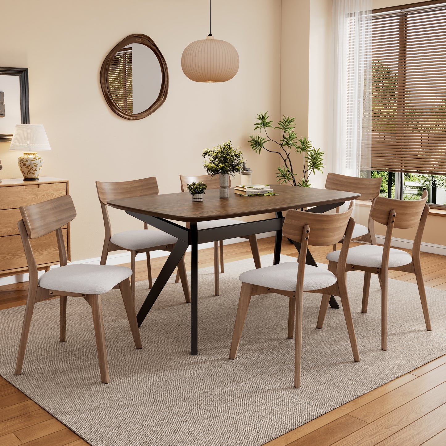 5-Pieces Upholstered Dining Set With Rubberwood Frame, Light beige+Walnut+Black