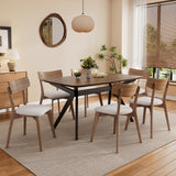 7-Pieces Upholstered Dining Set With Rubberwood Frame, Light beige+Walnut+Black
