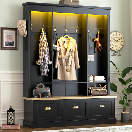[Assembly Video] Elegant APP Controlled LED Light Hall Tree with 9 Hooks, Roman Column Design Natural Storage Bench with 3 Large Cabinets, Farmhouse Entryway Organizer with Shelves for Hallway, Black