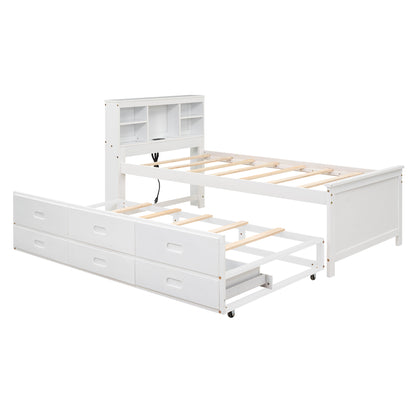 White Twin Size Platform Bed with Storage Headboard, USB, Trundle and 3 Drawers, Solid Wood+MDF