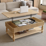 47.24' Lift Top Fluted Coffee Table with Hidden Storage with Roman Column Legs, Rectangle Handmade Solid Wood Strips for Small Space Apartment Living Room, Multi-Functional Lift-Top Design