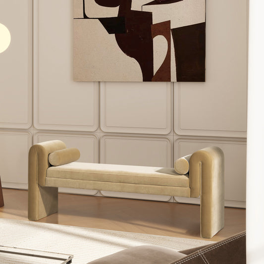 Mason 60.5' Arched Arm Bench with Bolster Pillows, Camel Brown Beige Performance Velvet