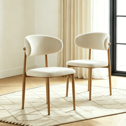 Dining chair 2-piece set. Medieval modern farmhouse soft cushioned linen dining chairs in natural wood color with metal legs