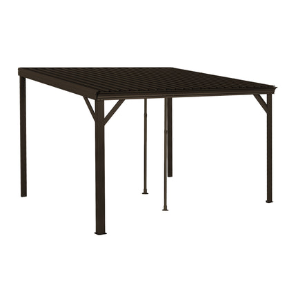 10x12FT Lean to Gazebo, Outdoor Hardtop Wall Mounted Gazebo with Sloping Galvanized Steel Roof, Upgraded Heavy Duty Mounted Shelter with Drainage System for Deck, Porch, Backyard,Brown