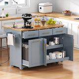 K&K 59.3' Kitchen Island with 2 Pull Out Cabinet Organizers & Rubber Wood Drop Leaf, Rolling Kitchen Island with Trash Can Storage, Power Outlet, Spice & Towel Rack for Kitchen, Dining, Grey Blue