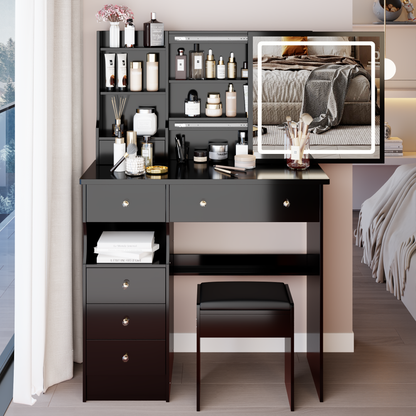 37' Left Drawer Desktop LED Vanity Table + Cushioned Stool, Large Sliding, Touch Control, 3-color Switching Mirror, High Capacity Storage Fashionable Makeup Dressing Set, EPA, GCC, UL Certificate