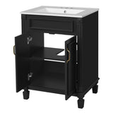 Modern 24'' Bathroom Vanity with Top Sink, Solid Wood Frame Cabinet with 2 Soft-Closing Doors, Glossy Ceramic Basin in Black Finish