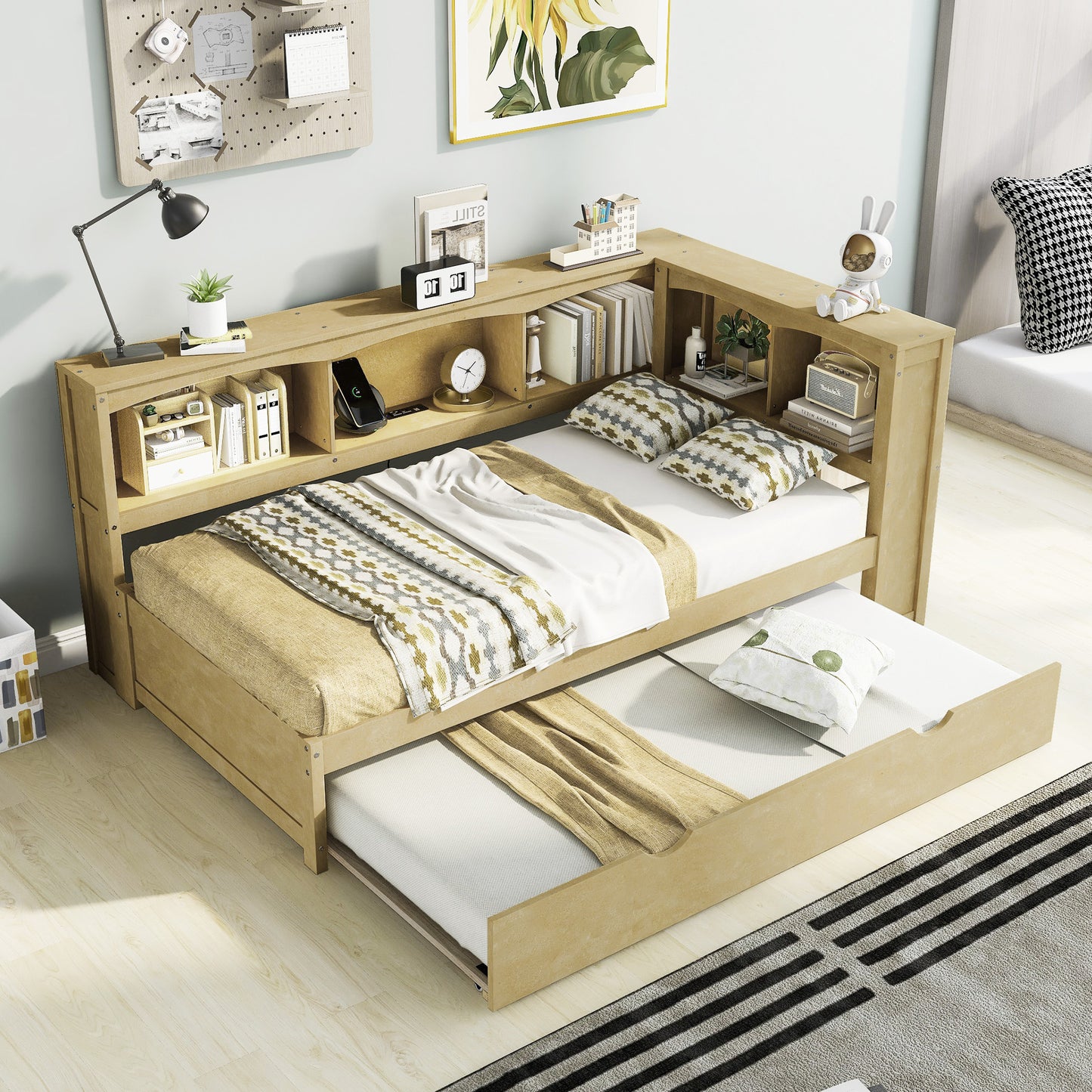 Wood Color Twin Size Daybed with Trundle, Storage Cabinets and USB Ports, Solid Pine Wood+MDF