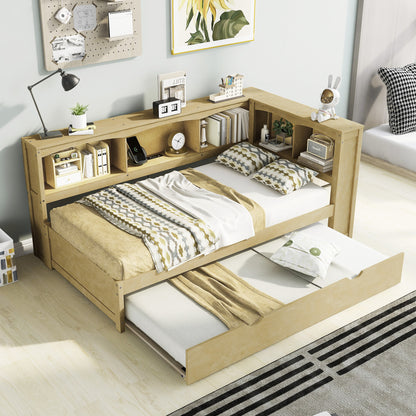 Wood Color Twin Size Daybed with Trundle, Storage Cabinets and USB Ports, Solid Pine Wood+MDF