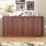 Walnut 4-Door Fluted TV Stand with Power Outlet, Handleless Wave Design Entertainment Center, Adjustable 3-Tier Particle Board Storage Cabinet, Multi-Functional Media Console & Buffet Sideboard