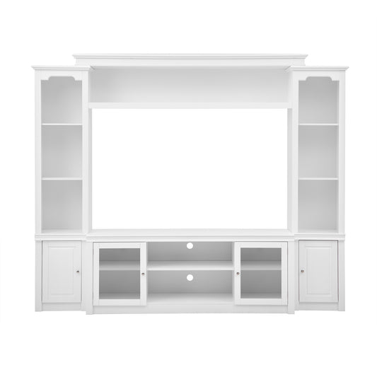 Modern All-in-One TV Stand with Bookcase for TVs up to 65-inch, White MDF Cabinet with Tempered Glass Doors, 4 Adjustable Shelves, Ample Storage Space