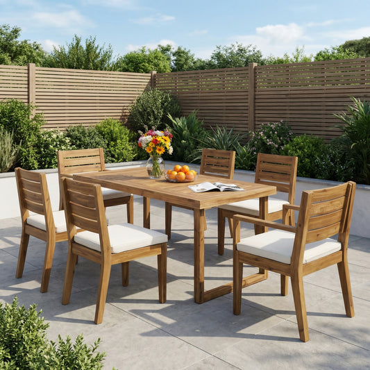 Outdoor Acacia Wood 7 Piece Dining Set with Cushions, Sandblasted Natural and Beige