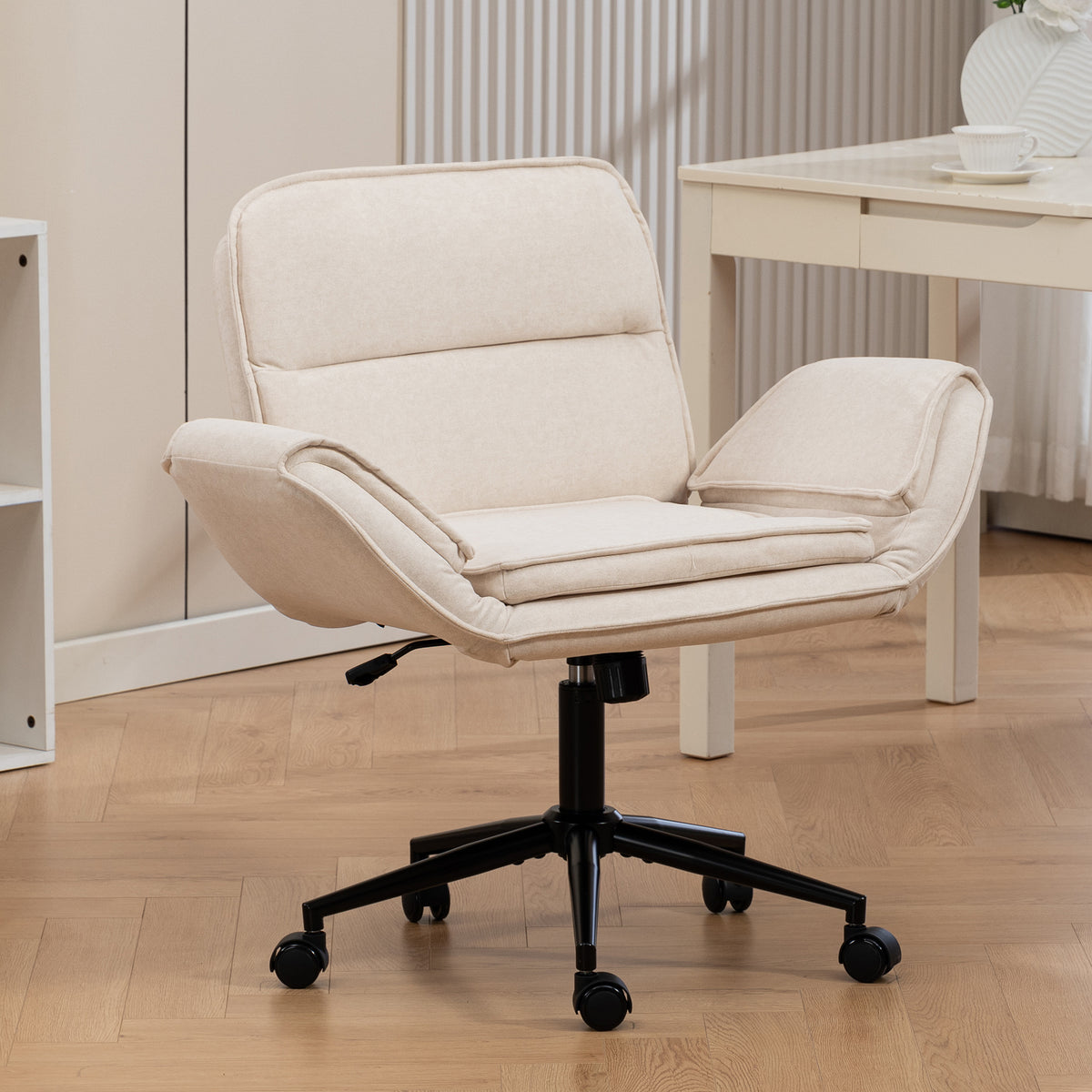 Criss Cross Chair with 5-Gear Adjustable Armrests & Wheels, Ergonomic Thickened Backrest Swivel Desk Chair for Home Office, Vanity, Bedroom and Living Room, Beige Cloth