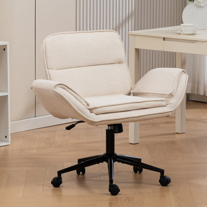 Criss Cross Chair with 5-Gear Adjustable Armrests & Wheels, Ergonomic Thickened Backrest Swivel Desk Chair for Home Office, Vanity, Bedroom and Living Room, Beige Cloth