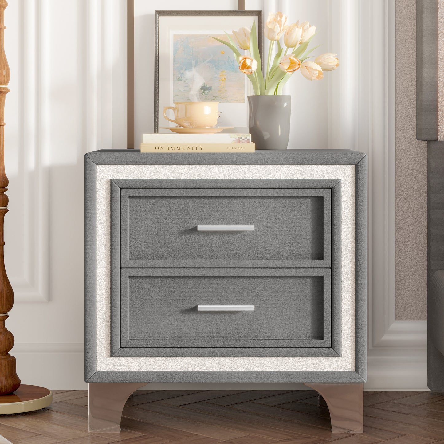 Mid Century Vintage Nightstand with Silver Glitter Strip Decor and Metal Legs, Velvet Bedside Table with 2 Drawers, Fully Assembled Except Legs and Handles, Gray