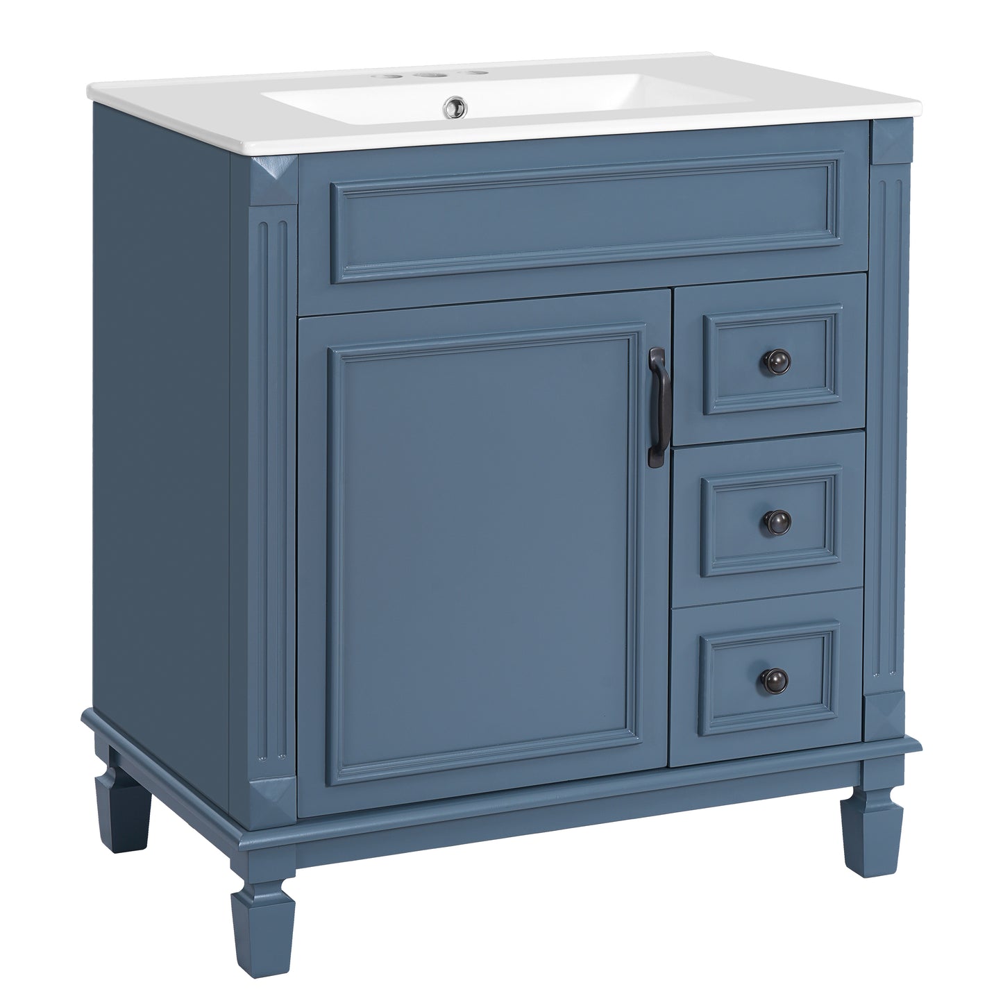Modern Blue Bathroom Vanity with Ceramic Sink, 30'' Cabinet with 2 Drawers and Adjustable Shelf, MDF+Solid Wood Construction