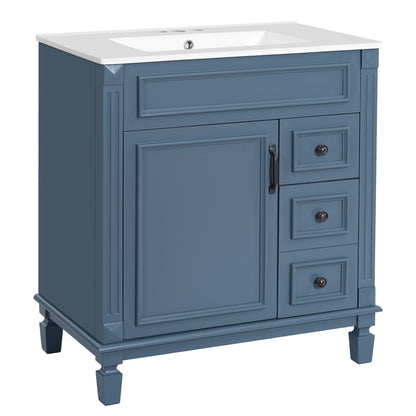 Modern Blue Bathroom Vanity with Ceramic Sink, 30'' Cabinet with 2 Drawers and Adjustable Shelf, MDF+Solid Wood Construction