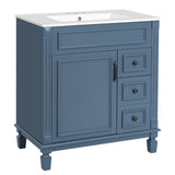 Modern Blue Bathroom Vanity with Ceramic Sink, 30'' Cabinet with 2 Drawers and Adjustable Shelf, MDF+Solid Wood Construction