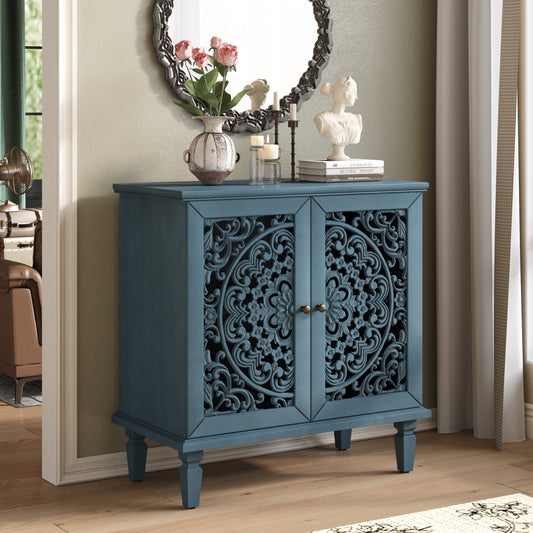 Vintage Hollow-Carved Accent Cabinet, 2-Door Display Storage Sideboard with Symmetrical Floral Design, Adjustable Shelf and Solid Wood Legs for Living Room Entryway(Antique Blue)