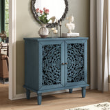 Vintage Hollow-Carved Accent Cabinet, 2-Door Display Storage Sideboard with Symmetrical Floral Design, Adjustable Shelf and Solid Wood Legs for Living Room Entryway(Antique Blue)