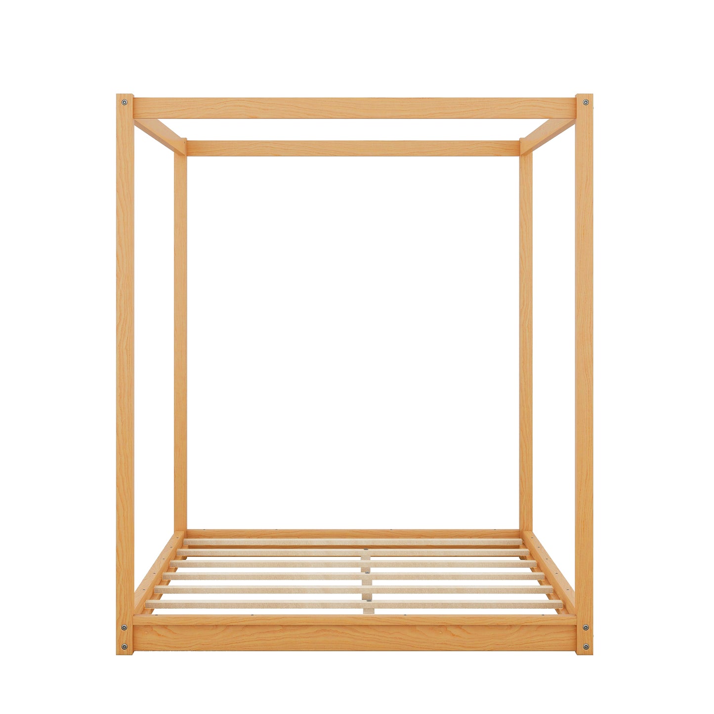 Natural Pine Wood Queen Size Canopy Platform Bed with Support Legs and Airflow Slats
