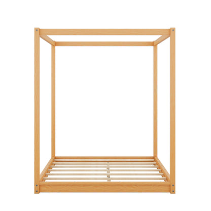 Natural Pine Wood Queen Size Canopy Platform Bed with Support Legs and Airflow Slats