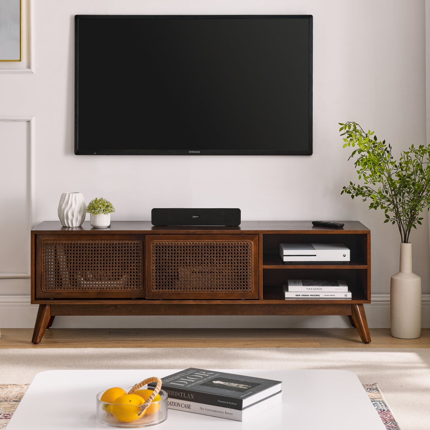 59 Inch Mid Century Modern Rattan TV Stand for 65 Inch TV, Entertainment Cabinet, Media Console for Living Room Media Room, Solid Wood Feet & Rattan Cabinet Doors - Dark Wood