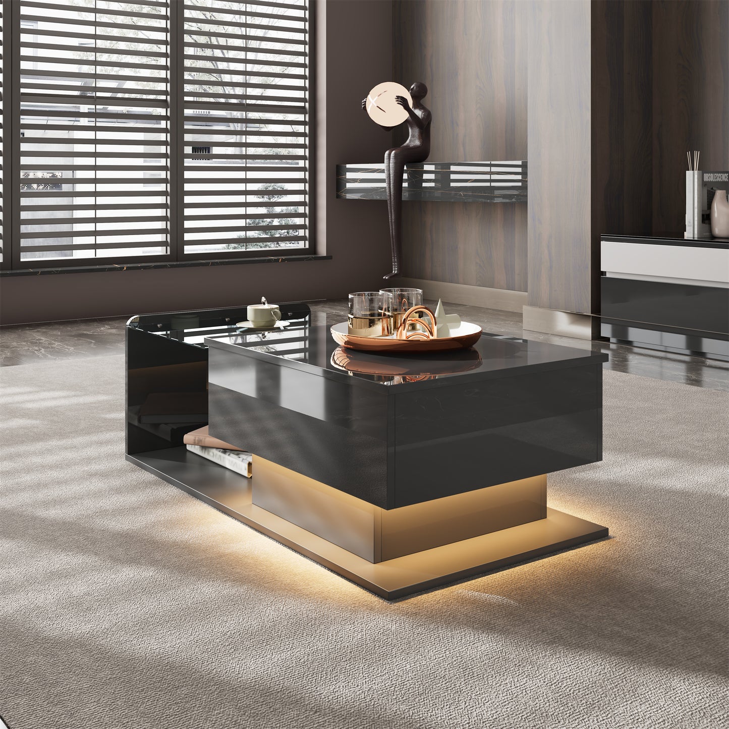 Coffee table, high-gloss black, side table, coffee table with glass and LED effect, with glass top