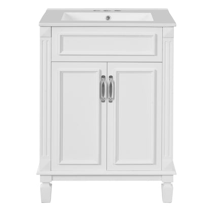 Modern 24'' Bathroom Vanity with Top Sink, White Ceramic Basin, Solid Wood Frame & MDF Cabinet, 2 Soft-Closing Doors, Adjustable Shelf
